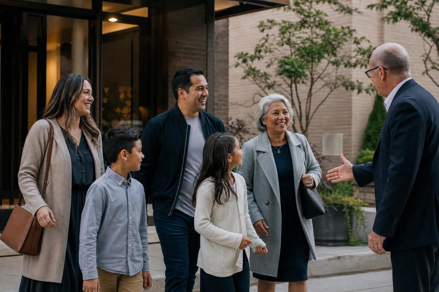 A family receiving a warm welcome outside a local church