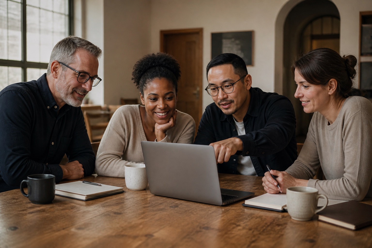 Church leaders collaborating around a laptop